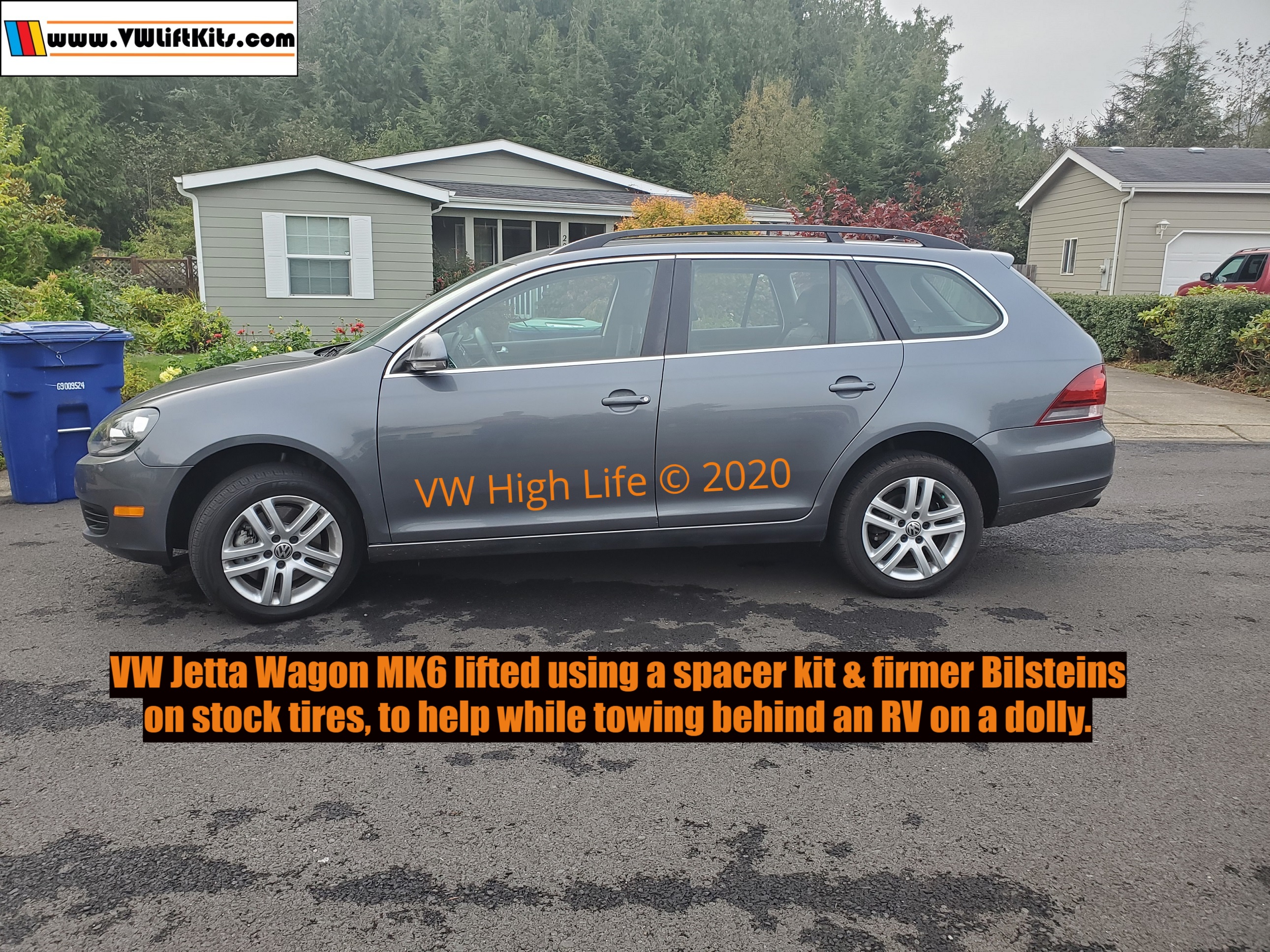2014 Jetta Wagon lifted properly using a 1.25-inch spacer kit, firmer Bilsteins, new German brand top mounts & bump stops.